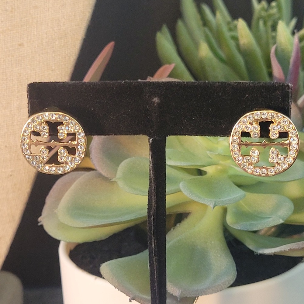Tory Burch Miller Pave Double T Logo Gold Tone Crystal Stud Earrings